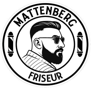 Logo von Mattenberg Friseur, ovaler Rahmen mit einem Haarschnitt-Symbol und dem Text 'MATTENBERG FRISEUR'.